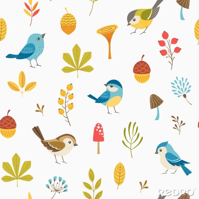Sticker Bunte Vögel und Herbstpflanzen