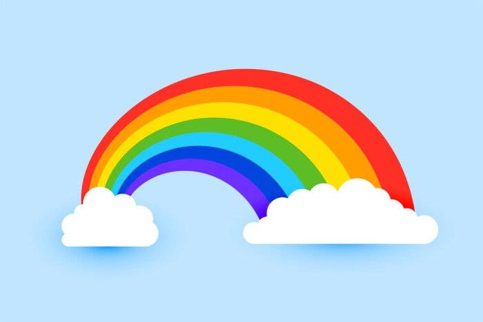 Sticker Bunter Regenbogen mit Wolken vor dem Hintergrund des Himmels