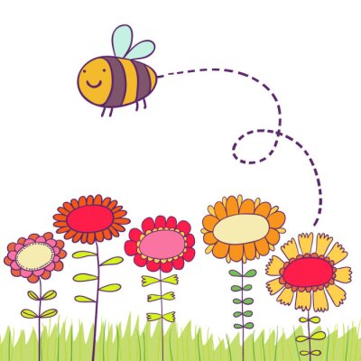 Cartoon Biene fliegt über Blumen