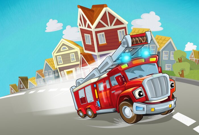 Sticker Cartoon fire brigade driving through the city - illustration for children