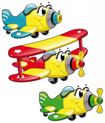 Sticker Cartoon Flugzeuge. Lustige Vektor-Zeichen, isolierte Objekte