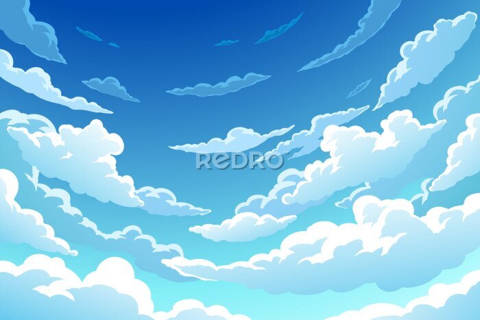 Sticker Cartoon-Landschaft mit Wolken an einem blauen Himmel