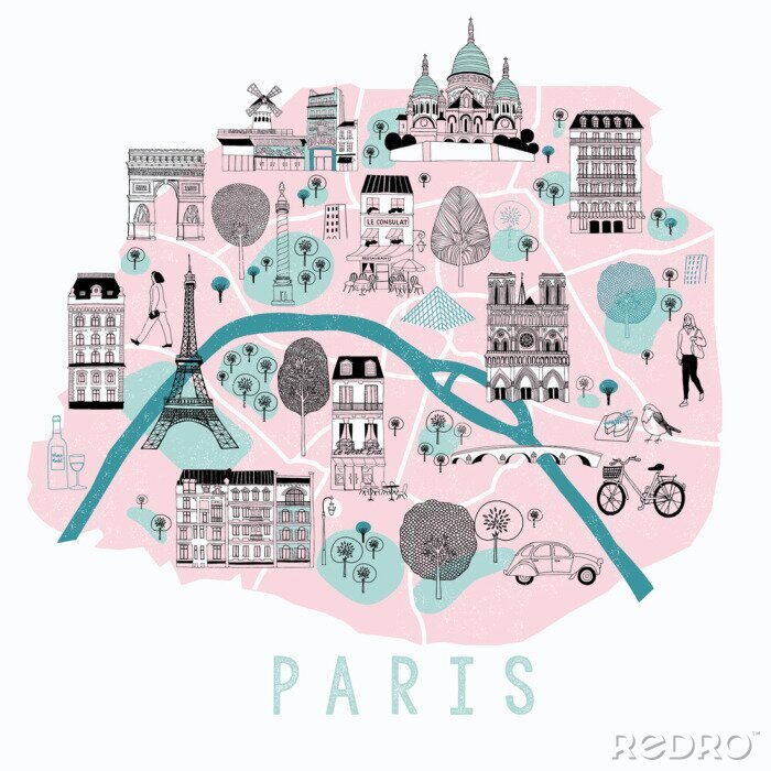 Sticker Cartoon Map of Paris with Legend Icons. Print Design