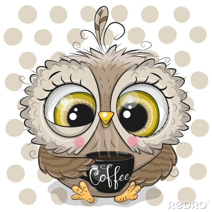Sticker Cartoon owl with black Cup of coffee