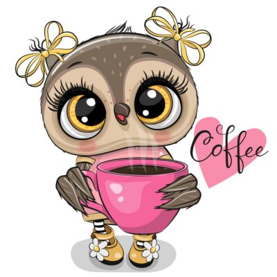Sticker Cartoon owl with pink Cup of coffee