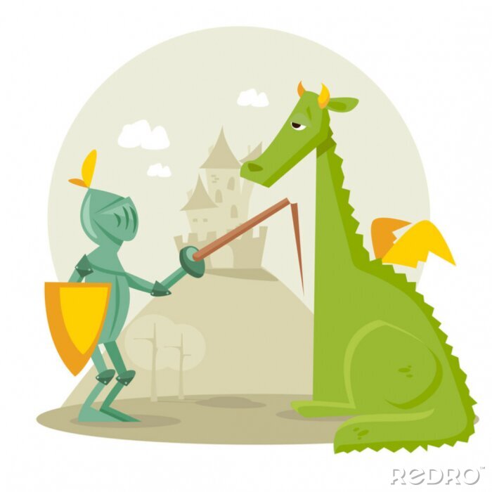 Sticker Cartoon Ritter mit einem Drachen, Vektor-Illustration