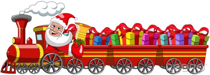 Sticker Cartoon Santa Claus Delivering Geschenke Treiber Dampflokomotive mit drei Wagen isoliert