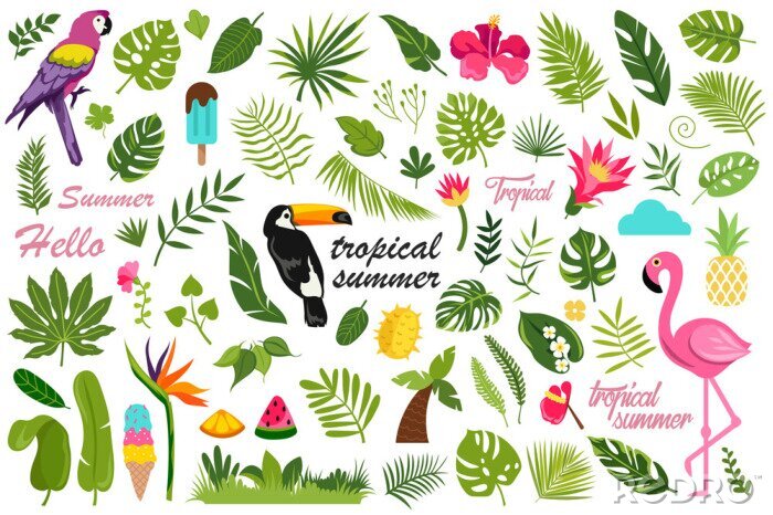 Sticker Cartoon-Satz von flachen Sommerdekorelementen.  tropisches Design.  Vektorillustration