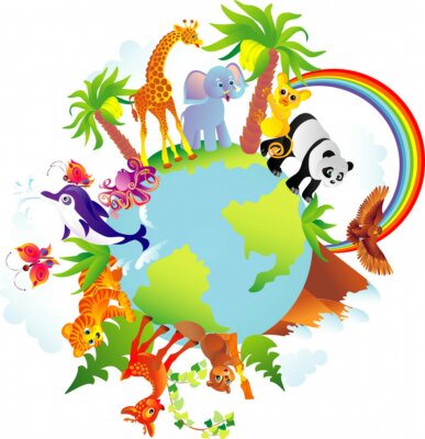 Sticker Cartoon-Tiere herumlaufen einem Globus