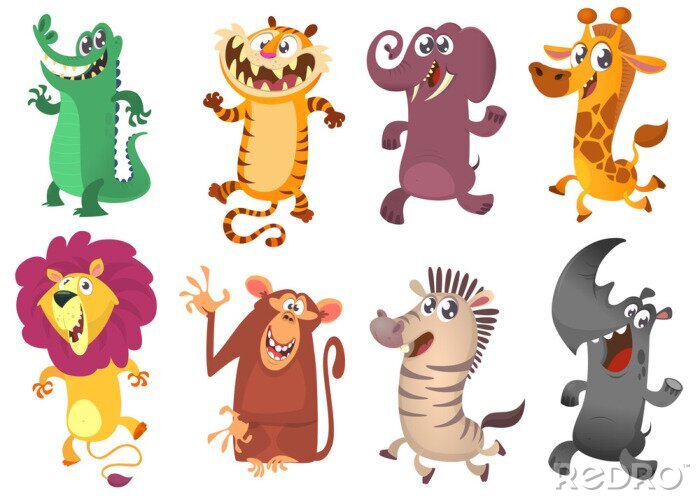 Sticker Cartoon tropischen Tier gesetzt. Set von Cartoon-Tiere Vektor-Illustration. Krokodil-Alligator, Tiger, Elefant, Giraffe, Löwe, Affe Schimpanse, Zebra und Nashorn