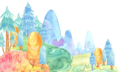 Sticker Cartoon watercolor illustration. Cute fairy tale nature. Forest with colorful firs, trees, mountains. card template