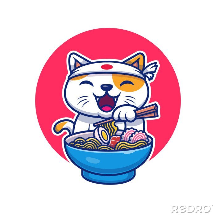 Sticker Cat Eating Ramen Noodle Vector Icon Illustration. Cat Logo Mascot Cartoon Character. Animal Icon Concept White Isolated. Flat Cartoon Style Suitable for Web Landing Page, Banner, Flyer, Sticker, Card
