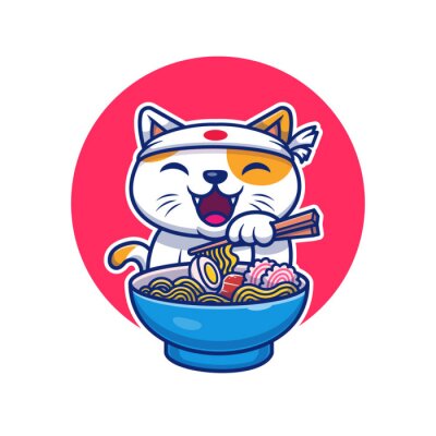 Sticker Cat Eating Ramen Noodle Vector Icon Illustration. Cat Logo Mascot Cartoon Character. Animal Icon Concept White Isolated. Flat Cartoon Style Suitable for Web Landing Page, Banner, Flyer, Sticker, Card