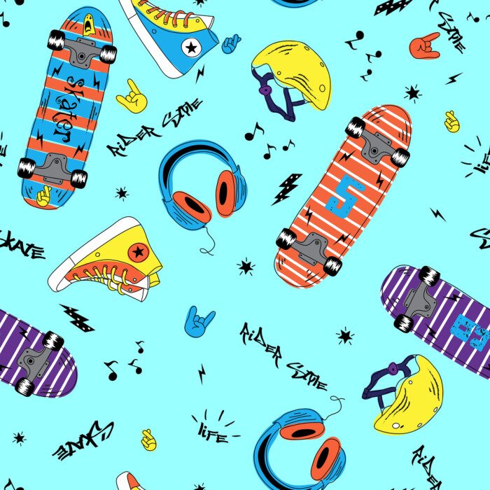 Sticker Childish doodle summer seamless pattern with skateboard and music.