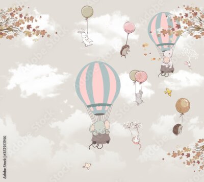 Sticker Children's photo Wallpaper, animals on balloons in the sky