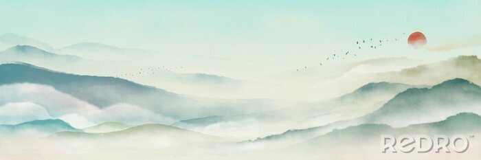 Sticker Chinese style classical traditional ink landscape painting. Watercolor landscape painting of gentle mountains