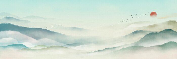Sticker Chinese style classical traditional ink landscape painting. Watercolor landscape painting of gentle mountains