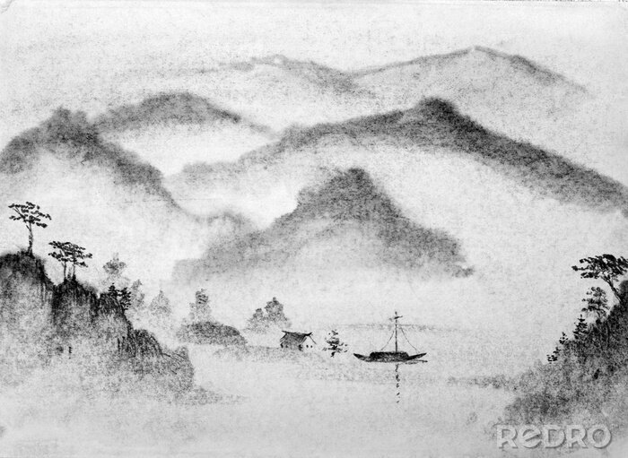 Sticker Chinesische Malerei Berge und Wasser