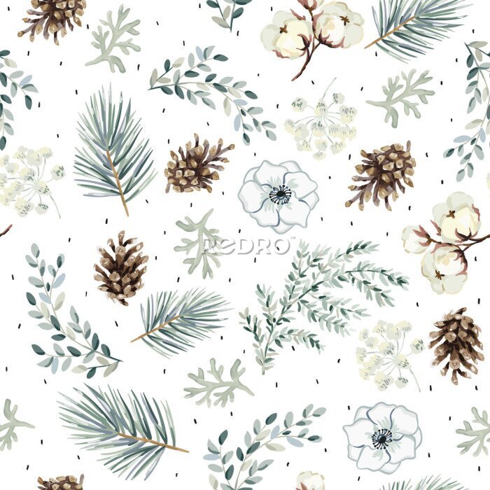 Sticker Christmas seamless pattern, cones, flowers, green pine twigs, white background. Vector illustration. Nature design. Season greeting. Winter Xmas holidays
