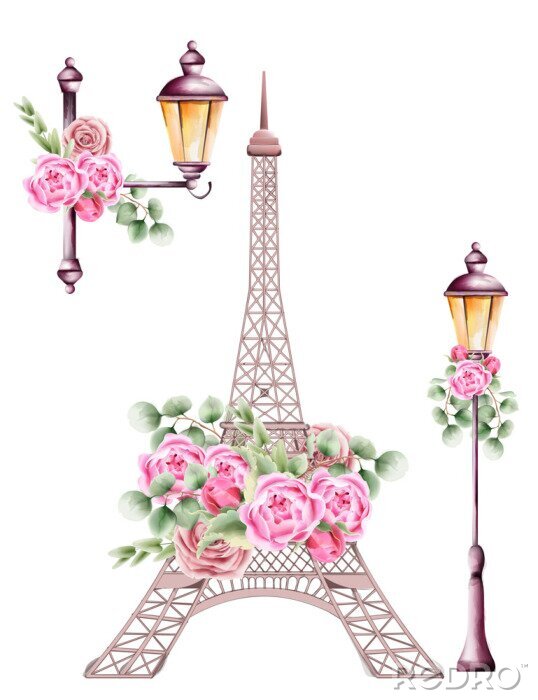 Sticker City lamps and eiffel tower decorated with rose flowers and green leaves. Watercolor vector