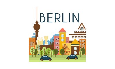 Sticker City street, Berlin travel poster vector Illustration on a white background