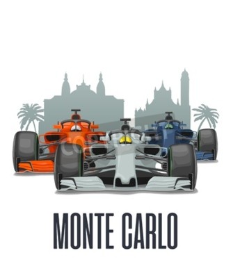 Sticker Cityline Monte Carlo and three racing cars on Grand Prix Monaco. Vector flat illustration isolated on white background for poster, web icon