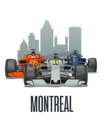 Sticker Cityline Montreal and three racing cars on Grand Prix Canada. Vector flat illustration isolated on white background for poster, web icon