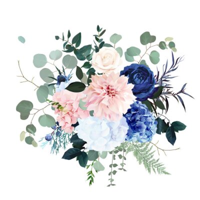 Sticker Classic blue rose, pink hydrangea, ranunculus, dahlia, thistle flowers, emerald greenery