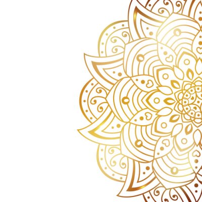  Clean white cover with gold beautiful flower. Golden vector mandala isolated on white background. A symbol of life and health. Invitation, wedding card, scrapbooking, magic symbol.