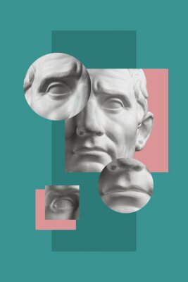 Sticker Collage with plaster antique sculpture of human face in a pop art style. Modern creative concept image with ancient statue head. Zine culture. Contemporary art poster. Funky minimalism. Retro design.