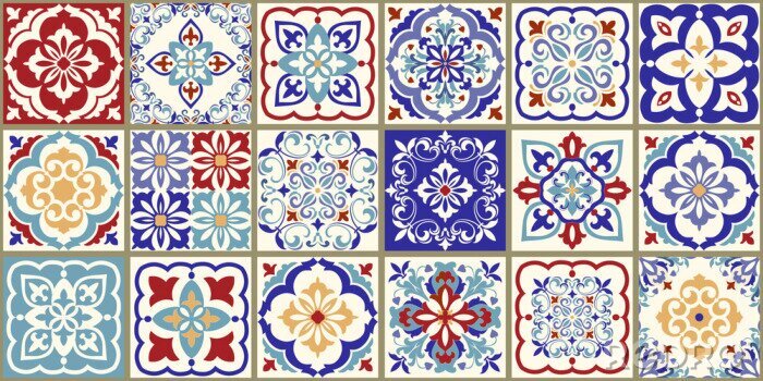 Sticker Collection of 18 ceramic tiles in turkish style. Seamless colorful patchwork from Azulejo tiles. Portuguese and Spain decor. Islam, Arabic, Indian, Ottoman motif. Vector Hand drawn background
