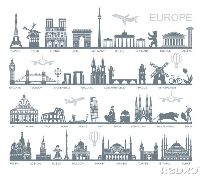 Sticker Collection of Europe detailed silhouettes. Set Travel Landmarks. vector illustration