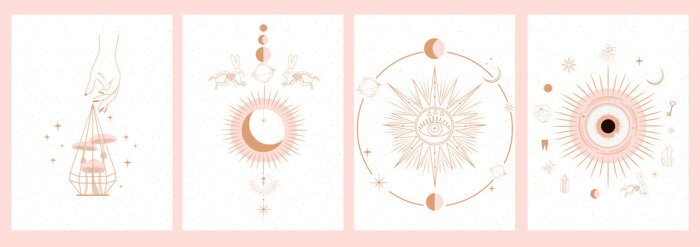 Sticker Collection of mystical and mysterious illustrations in hand drawn style. Skulls, animals, space objects, magic ball, crystals, hands. Minimalistic objects made in the style. 