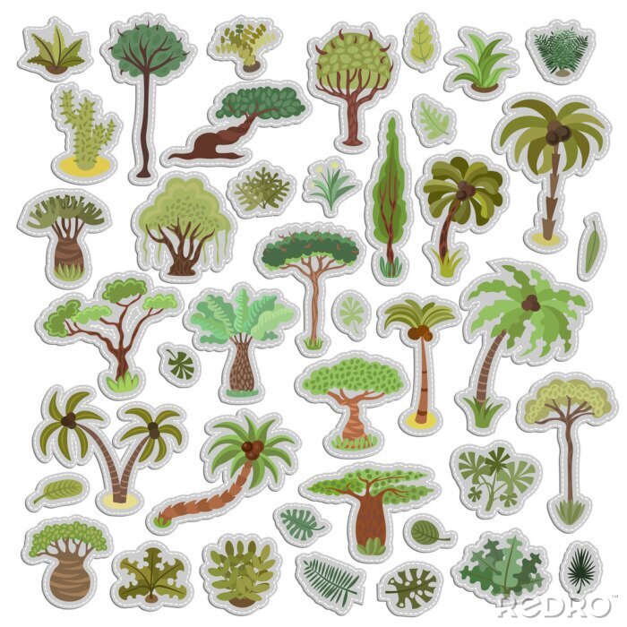 Sticker Collection of tropical trees stickers, palms and other tropical exotic plants, sticker vector illustration set. Rainforest jungle trees, plants, shrubs, leaves, paradise beach resort crooked palm