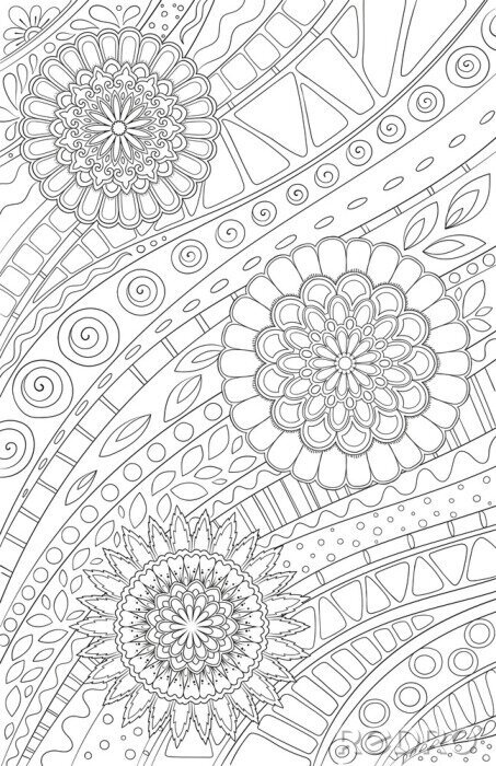 Sticker Coloring page for adult and kids coloring book or bullet journal. Doodle floral pattern with flowers and geometric lines. Black and white vector background