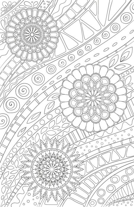Sticker Coloring page for adult and kids coloring book or bullet journal. Doodle floral pattern with flowers and geometric lines. Black and white vector background
