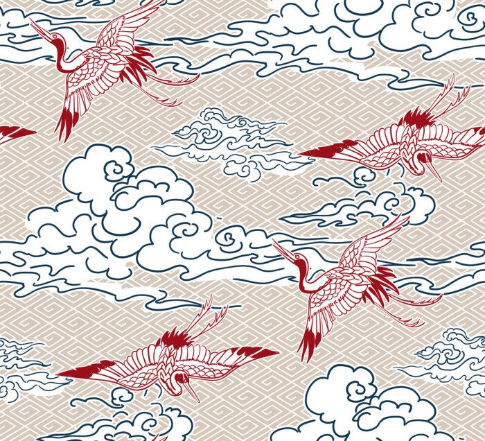 Sticker crane birds sky cloud japanese chinese vector design pattern