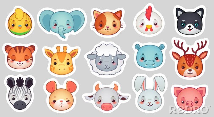 Sticker Cute animal stickers. Smiling adorable animals faces, kawaii sheep and funny chicken cartoon vector illustration set