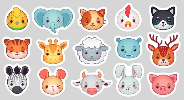 Sticker Cute animal stickers. Smiling adorable animals faces, kawaii sheep and funny chicken cartoon vector illustration set