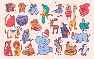 Sticker Cute animals cartoon illustrations set