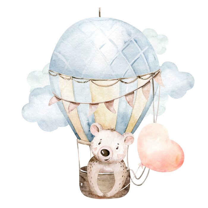 Sticker Cute cartoon baby bear animal hand drawn watercolor bunny illustration with air balloon. kids nursery wear fashion design, baby shower invitation card.