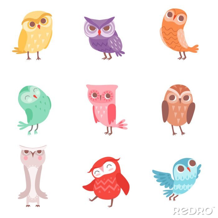 Sticker Cute cartoon colorful owls set, lovely owlets vector Illustrations