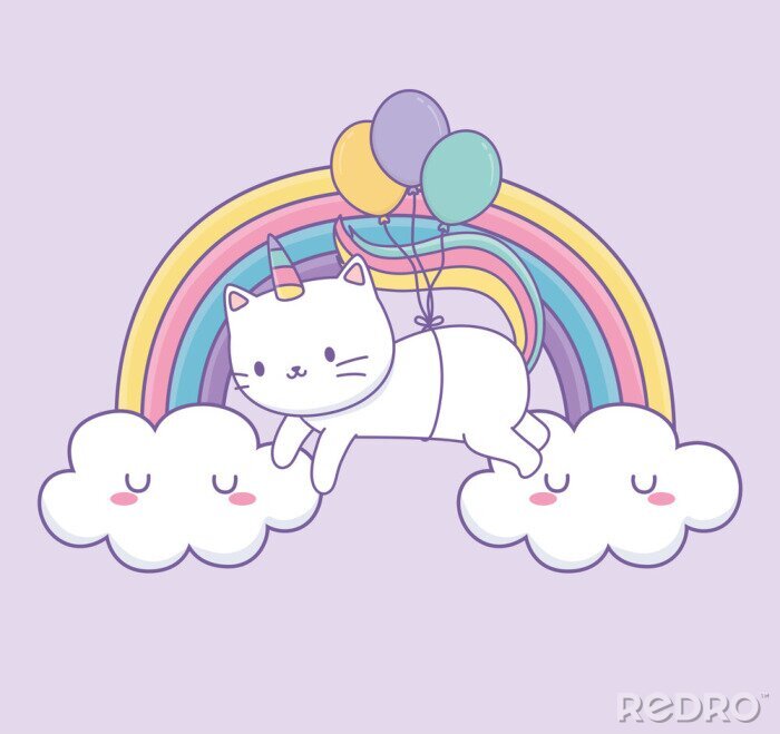 Sticker cute cat with rainbow tail and balloons helium kawaii character