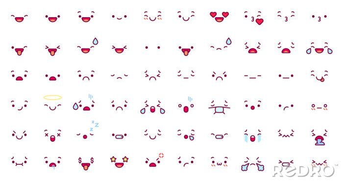 Sticker Cute emoticon emoji faces. Cartoon kawaii face expression in japanese anime character. Manga emotion kiss, cry and angry vector icons set. Happy and sad emotions, sleeping, ill, stressed