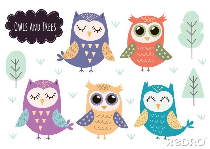 Sticker Cute owls collection. Forest animals isolated elements