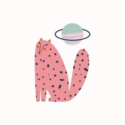 Sticker Cute pink cat and Saturn illustration in vector. Cartoon doodle style. Space animal concept.