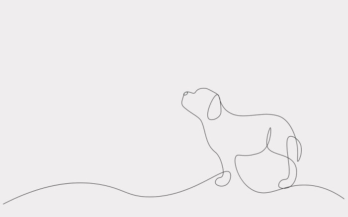 Sticker Cute puppy animal silhouette one line drawing, vector illustration