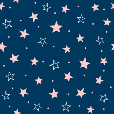 Cute seamless pattern with scattered stars and round dots. Repeated girly print. Blue, pink, white colors.