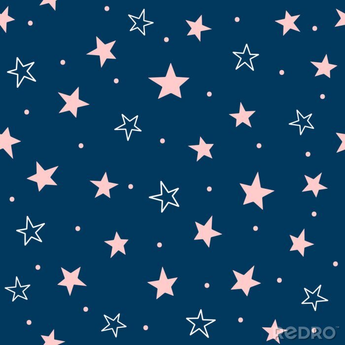 Sticker Cute seamless pattern with scattered stars and round dots. Repeated girly print. Blue, pink, white colors.
