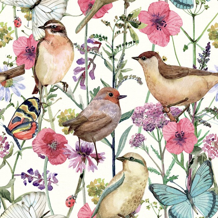 Sticker Cute seamless texture with pretty birds in meadow flowers. watercolor painting